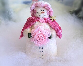 Snow Lady Ornament 4" with Cape and Large flower Ornament Winter Snowman, Christmas Handmade CharlotteStyle Decorative Folk Art