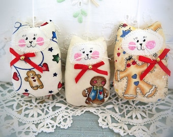 Christmas Cat Ornaments 3" Set of  3 Gingerbread Print Kitty Ornaments Bowl Fillers, Folk Art, Primitive, Party Favors Decorations