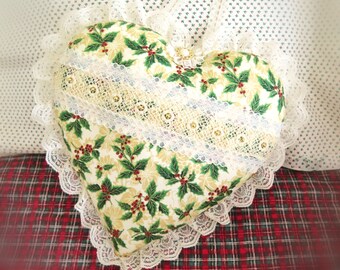 12" Ruffled Heart Pillow Large Christmas Heart Door Hanger Christmas Holly Cottage Chic Handmade CharlotteStyle Decorative Folk Art