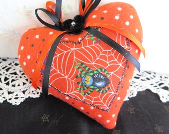 Halloween Heart Ornament 5" Orange with with dots and spider Print Fall Autumn Cottage Style Handmade CharlotteStyle Decorative Folk Art