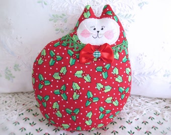 Christmas Cat Doll 7" Cat Pillow, Kitty Cloth Doll Christmas Print Fabric red Green Fabric Handmade CharlotteStyle Decorative Folk Art