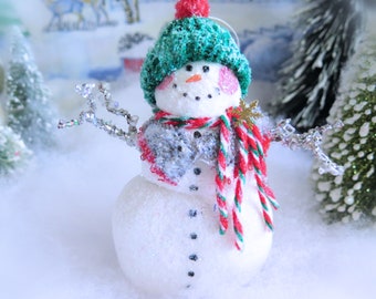 Snowman Ornament 5" Handmade Snowman  Christmas Fleece  Snowman Icicle Arms Christmas CharlotteStyle Decorative Folk Art