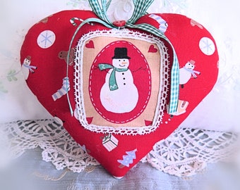 Christmas Ornament 7" Heart Ornament Valentine Door Hanger Pillow, Cottage Chic Cloth Handmade CharlotteStyle Decorative Folk Art