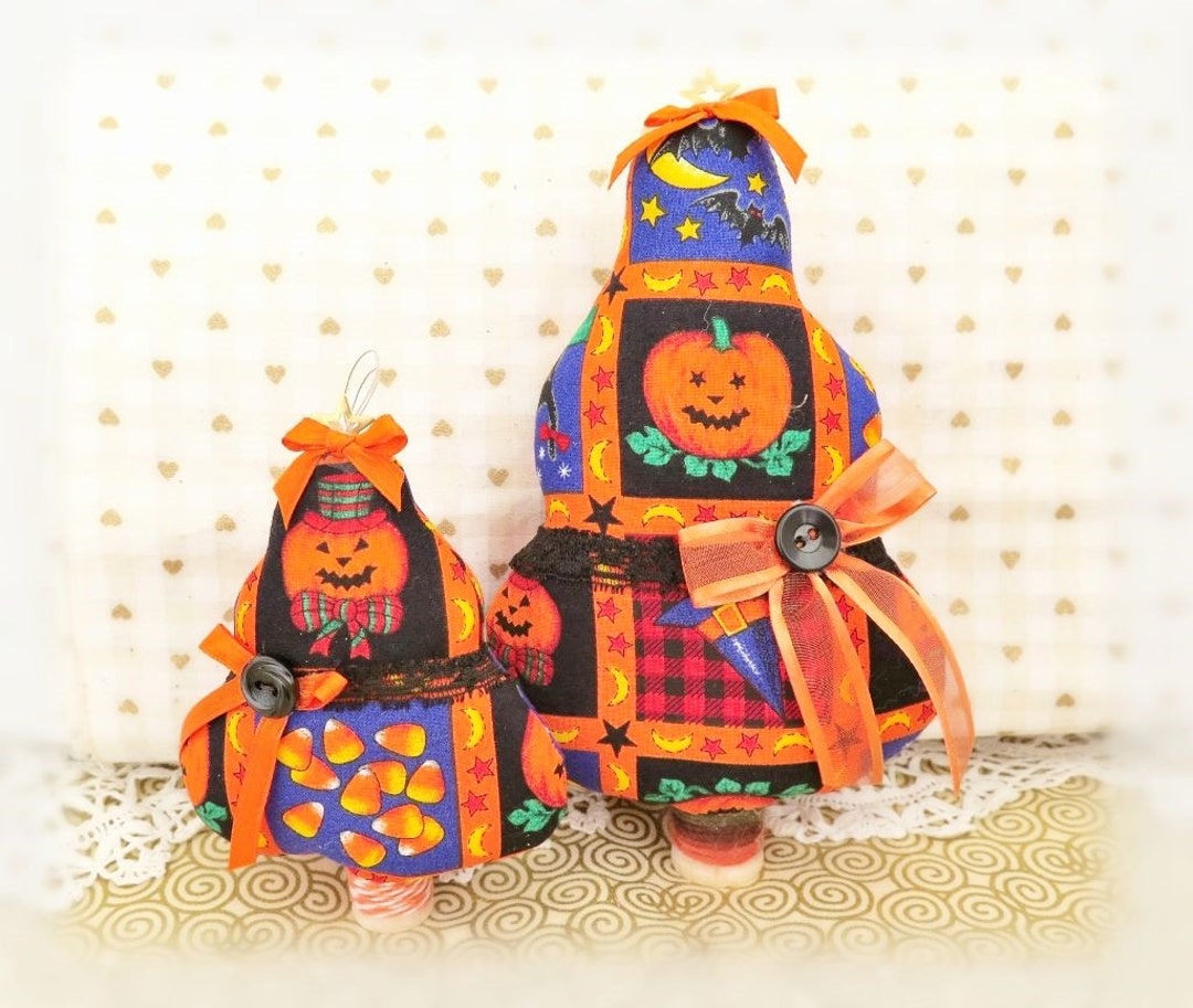 Halloween Fabric Trees 7" and 5" Free Standing Candy Corn Pumpkins ...