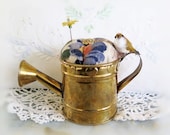 Handmade Pincushion, Garden Brass WATERING CAN with Bird, CharlotteStyle Sewing Needlecraft