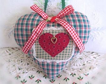 Heart Ornament  5" Home Decor Heart Pillow Christmas Holiday Valentine Heart  Fabric Handmade CharlotteStyle Handcrafted Folk Art