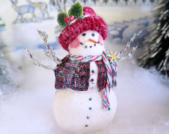 Snowman Ornament 5" Handmade Snowman  Christmas Fleece  Snowman Icicle Arms Christmas CharlotteStyle Decorative Folk Art