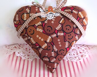 Christmas Ornament 6 1/2" Gingerbread Man Print Heart Ornament Door Hanger Pillow, Cottage Chic Handmade CharlotteStyle Decorative Folk Art