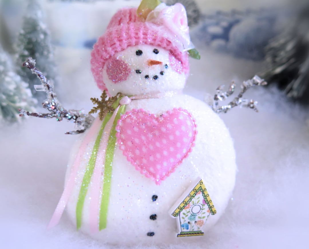 Valentine Fleece Snow Lady Ornament 4 Handmade Snowman Icicle Arms Pink Valentine Christmas