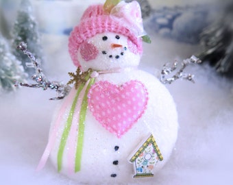 Valentine Fleece Snow Lady Ornament 4" Handmade Snowman Icicle Arms Pink Valentine Christmas Handmade CharlotteStyle Decorative Folk Art