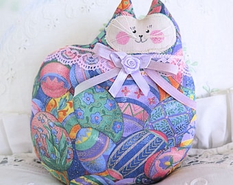 Easter Cat  Doll Pillow 7" Kitty Easter Print Soft Sculpture Doll Primitive Handmade CharlotteStyle Decorative Folk Art