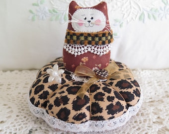 Cat Pincushion 5 inch Brown and Animal Print Cotton Fabric Pin Keep Sewing Notion Primitive Decoration Soft Sculpture Folk Art