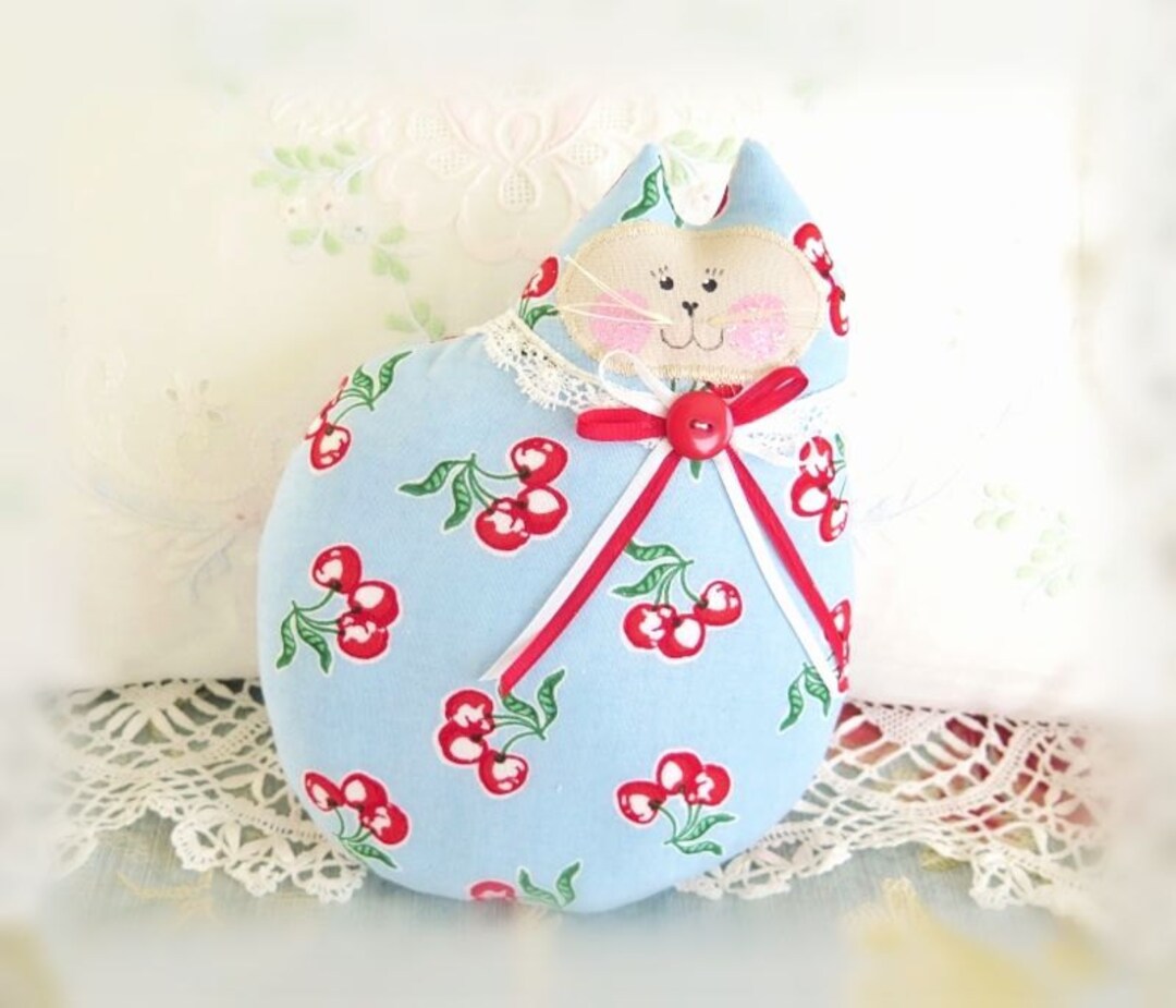 Cat Pillow Doll Cloth Doll 7 Inch Cat Blue With Cherries - Etsy