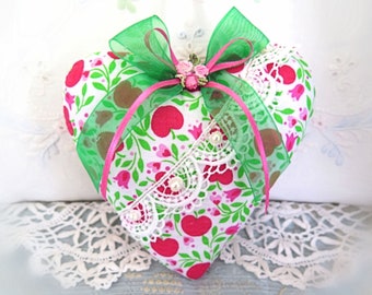 Heart Door Hanger 5" Green and Pink Flowers and Apples Print Heart Ornament Folk Art Handmade CharlotteStyle Decorative Folk Art