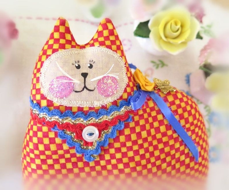 Cat Pillow Doll Cloth Doll 7 inch RED and YELLOW Check Primitive Soft Sculpture Handmade CharlotteStyle Decorative Folk Art image 3