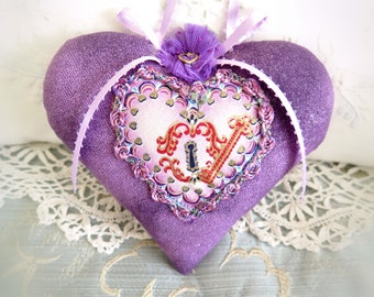 Friends Heart Ornament Elegant Heart Door Hanger, 5" Heart Pillow, Purple with Sparkles Print, Handmade CharlotteStyle Decorative Folk Art