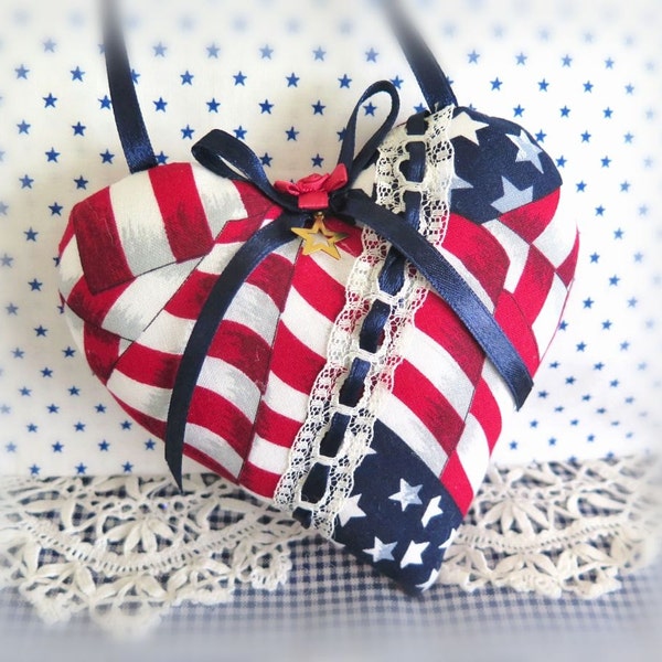 Americana Heart Ornament USA Patriotic Heart Door Hanger Heart, Red Ivory Blue, Bowl Filler, Handmade CharlotteStyle Decorative Folk Art