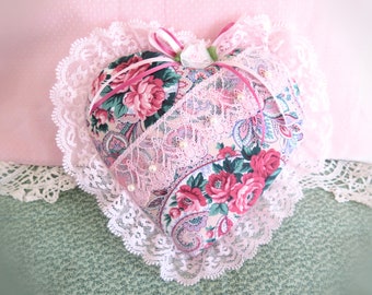 Ruffled Heart 9" Pillow Mother's Day Heart 9 inch Heart Pink with Green Cottage Chic, Handmade CharlotteStyle Decorative Folk Art