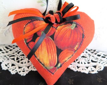 Halloween Heart Ornament 5" Orange and Black Two Pumpkin Prints Fall Autumn Cottage Style Handmade CharlotteStyle Decorative Folk Art