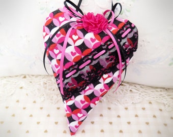 Valentine Day Heart Pillow  7" Heart Ornament  Heart Door Hanger Fabric Heart Black Pink Red Handmade CharlotteStyle Decorative Folk Art