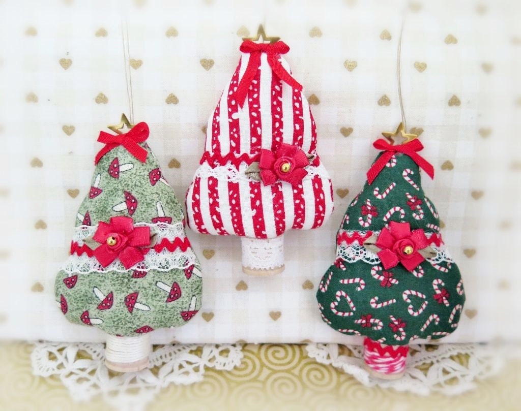 Fabric Tree Ornaments Set of 3 Christmas 3 Tree Etsy