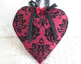 Valentines Day 7" Pillow Ornament Heart Black Flocked Dark Red Taffeta Door Hanger  Cloth Handmade CharlotteStyle Decorative Folk Art