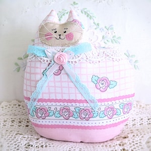 Cat Pillow Cat Doll, 7 inch, Pink and Aqua Print Fabric, Primitive Soft Sculpture Handmade CharlotteStyle Decorative Folk Art