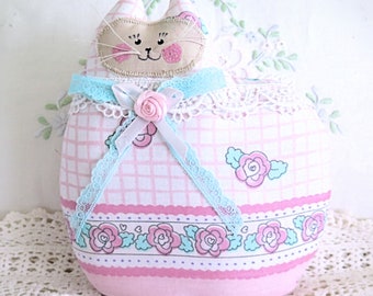 Cat Pillow Cat Doll, 7 inch, Pink and Aqua Print Fabric, Primitive Soft Sculpture Handmade CharlotteStyle Decorative Folk Art