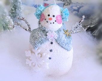 Snowman Snow Lady Ornament  4.5" Handmade Christmas Fleece Icicle Arms  Earmuffs Snowman  Christmas CharlotteStyle Decorative Folk Art