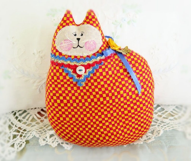 Cat Pillow Doll Cloth Doll 7 inch RED and YELLOW Check Primitive Soft Sculpture Handmade CharlotteStyle Decorative Folk Art image 1