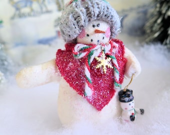 Snow Lady Ornament 4" with Cape and Large flower Ornament Winter Snowman, Christmas Handmade CharlotteStyle Decorative Folk Art