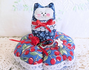 Cat Pincushion 5 inch, Red White Blue with Cherries Print Cotton Fabric Pin Keep Sewing Notion Primitive Decoration Soft Sculpture Folk Art