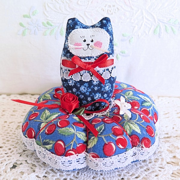 Cat Pincushion 5 inch, Red White Blue with Cherries Print Cotton Fabric Pin Keep Sewing Notion Primitive Decoration Soft Sculpture Folk Art