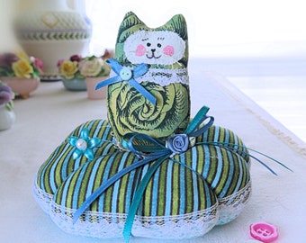 Cat Pincushion 5 inches, Aqua Teal Olive Green, Cotton Fabric Pin Keep Sewing Notion Primitive Decoration Soft Sculpture Folk Art