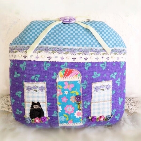Almohada de cabaña Purple House, llave de la almohada My COTTAGE, 10 x 9 pulgadas Decoración del hogar de la casa Prim Primitive Handmade CharlotteStyle Arte popular