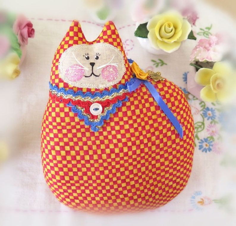 Cat Pillow Doll Cloth Doll 7 inch RED and YELLOW Check Primitive Soft Sculpture Handmade CharlotteStyle Decorative Folk Art image 4