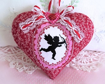 Valentines Day Heart 5" Ornament Heart Door Hanger Heart Pillow Red Black Cupid Print Fabric Handmade CharlotteStyle Decorative Folk Art