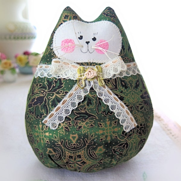 Christmas Cat Doll 6" Free Standing Kitty Christmas Print Soft Sculpture Cat Handmade CharlotteStyle Decorative Folk Art