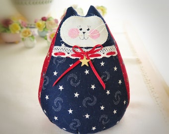 USA Americana Patriotic Cat Doll 6"  Free Standing Cat U.S.A. Red White Blue Cat Doll, Soft Doll Handmade CharlotteStyle Decorative