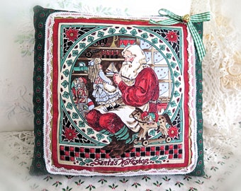 Christmas  Cats Pillow 8" Home Decor Santa's Workshop Pillow Cottage Chic Cloth Handmade CharlotteStyle Decorative Folk Art