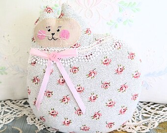 Cat Pillow Doll Cloth Doll 7 inch Cat Floral Print Fabric, Primitive Soft Sculpture Handmade CharlotteStyle Decorative Folk Art