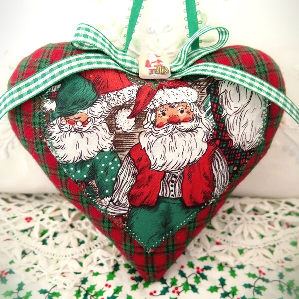 Christmas Ornament 5" Heart Ornament Doorknob Hanger Pillow Cottage Chic, Cloth Handmade CharlotteStyle Decorative Folk Art