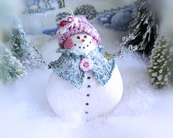 Fleece Snow Lady Ornament 4.5" Handmade Snowman Icicle Arms Blue Pink Christmas Handmade CharlotteStyle Decorative Folk Art