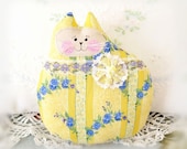 Cat Pillow Doll Cloth Doll 7 inch Cat, Yellow Lavender Blue Print Fabric,Kitty Pillow Handmade CharlotteStyle Decorative Folk Art TeamHAHA