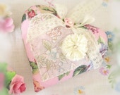 Heart Sachet 5 inch Sachet Heart, Ivory Rose Blue Green, Lavender Buds, Folk Art, Handmade CharlotteStyle Decorative Folk Art