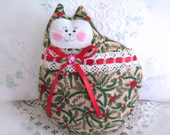 Christmas Cat Doll 7" Cat Pillow, Kitty Cloth Doll Christmas Print Fabric red Green Fabric Handmade CharlotteStyle Decorative Folk Art