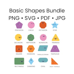 Puede incluir: Un gráfico digital titulado Basic Shapes Bundle PNG SVG PDF JPG que presenta dieciséis formas geométricas coloridas de estilo caricatura, incluyendo pentágono, círculo, octágono, estrella, decágono, heptágono, nonágono, triángulo, cuadrado, hexágono, paralelogramo, trapecio, rectángulo, diamante, óvalo y triángulo rectángulo, cada uno con una cara sonriente simple.