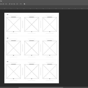 May include: A digital design template displayed within Adobe Photoshop software, featuring a white canvas with nine identical square frames arranged in three rows of three. Each square contains a large black X and small text labels above and below.