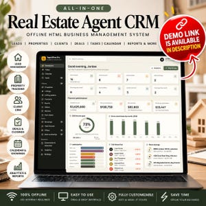 Könnte beinhalten: Ein Laptop zeigt das AgentFlow Pro CRM-Dashboard für Immobilienmakler mit Finanzkennzahlen, Lead-Pipelines und Aufgabenlisten. Der Bildschirm präsentiert Daten zu Leads, Immobilien, Kunden, Geschäften und Berichten. Ein rotes rundes Abzeichen weist auf einen Demolink hin.
