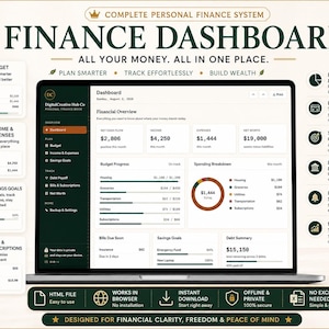 Pode incluir: Um painel financeiro digital exibido na tela de um laptop, com seções para orçamento, receitas, despesas, metas de economia e resumo de dívidas, incluindo gráficos, barras de progresso e dados financeiros para monitoramento.